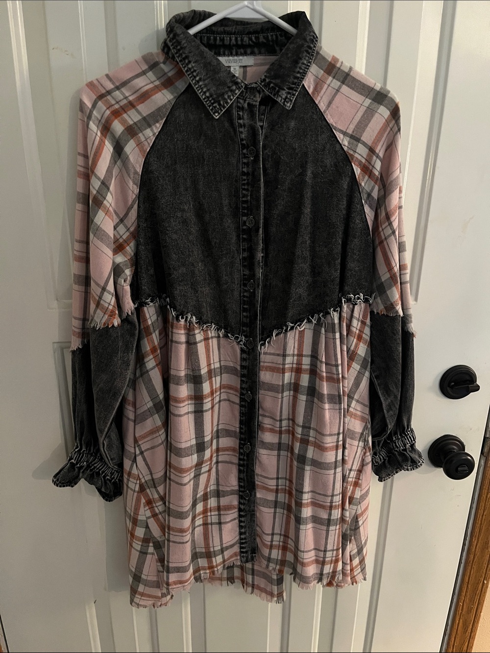Woven Plaid & Washed Denim Button-Down Shirt - Pink/Black